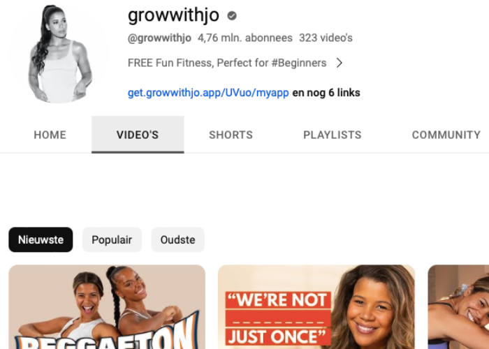 Growwithjo home workouts op Youtube.