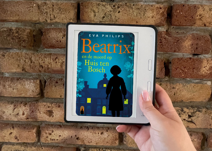 e reader met ebook 'Beatrix en de moord op Huis ten Bosch'.