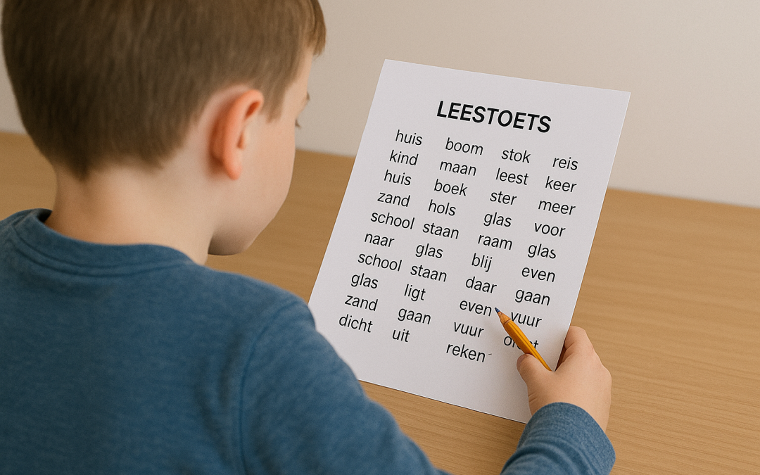 Jongen leest een leestoets zoals de DMT toets