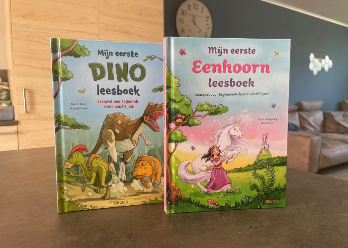 Leesboeken voor beginnende lezers: mijn eerste dino leesboek en mijn eerste eenhoorn leesboek.
