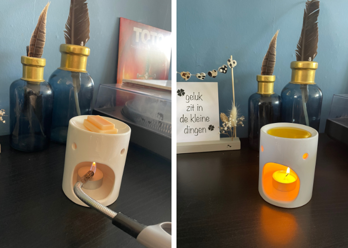 Waxmelts met een brander aansteken.